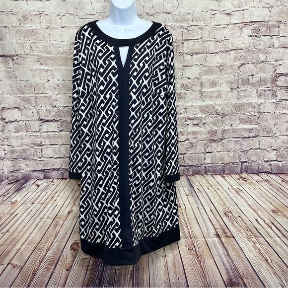 International Concepts Navy Geometric Print Long Sleeve Shift Dress - Picture 1 of 10